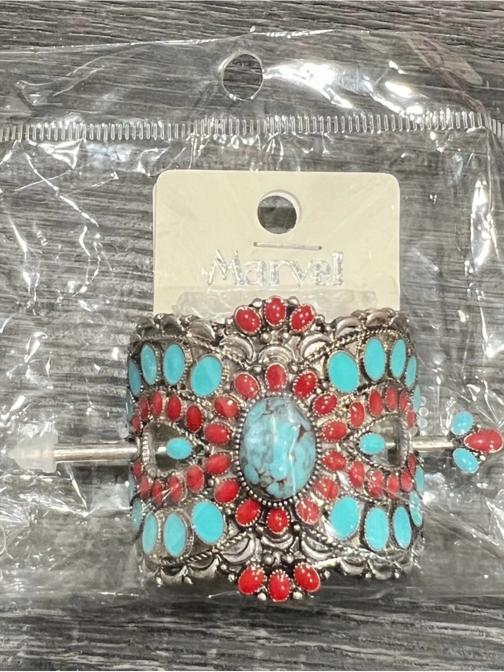 Marvel Turquoise and Coral Stone Silver-Tone Statement Cuff